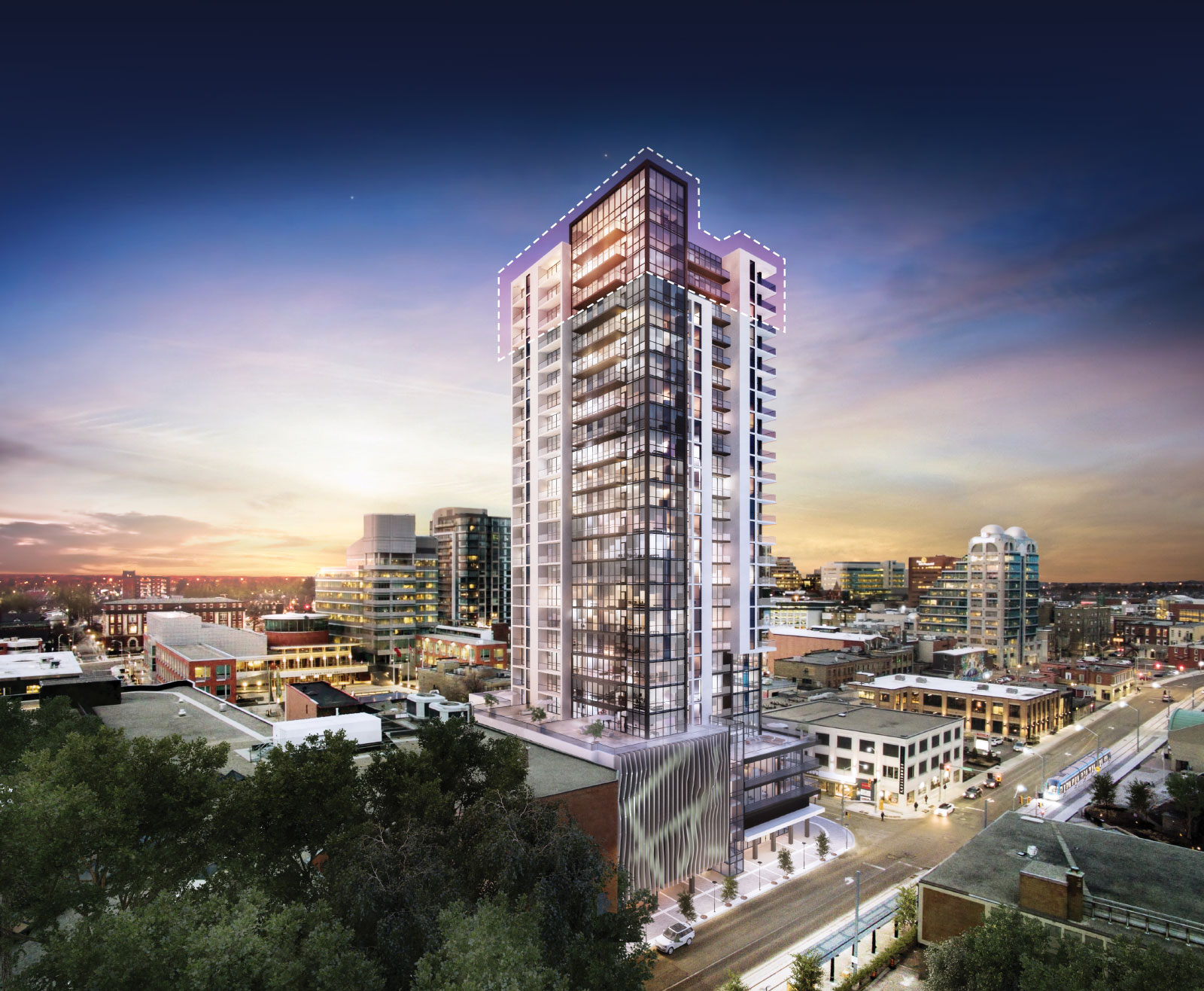 Image of Charlie West building rendering at dusk with the top three floors highlighted.